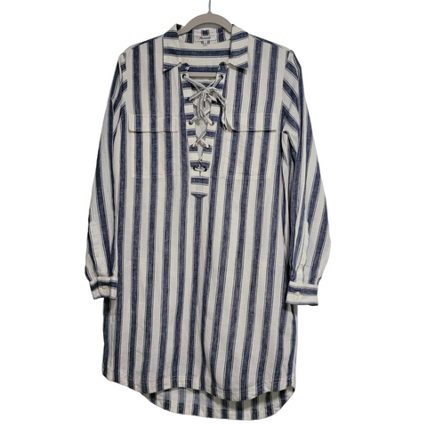 Madewell Women's Blue Cream Striped Lace Up Long Sleeve Shirt Dress Size Small
