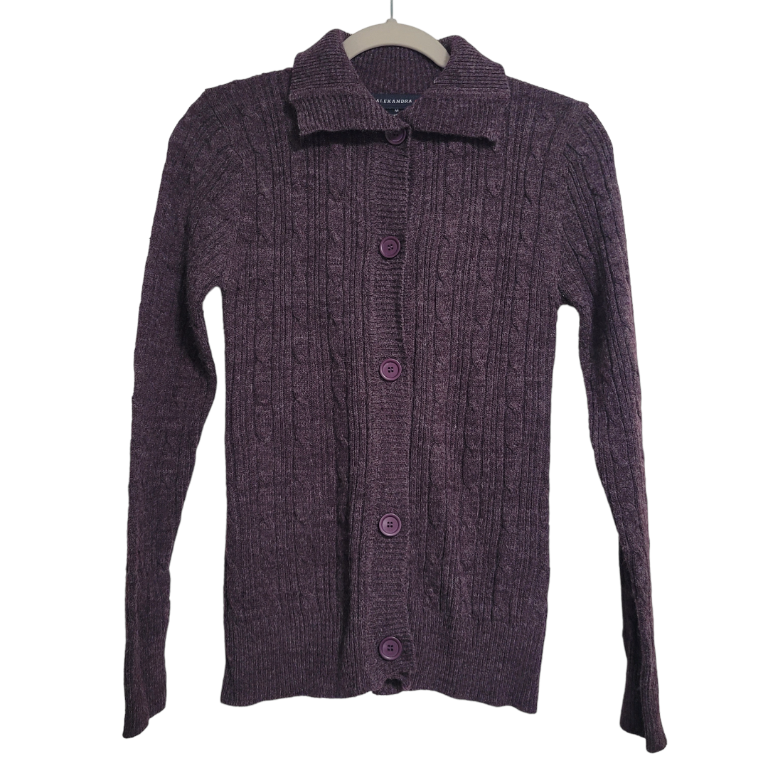AC Alexandra Purple Button Up Cardigan Acrylic Wool Sweater Collar Size Medium