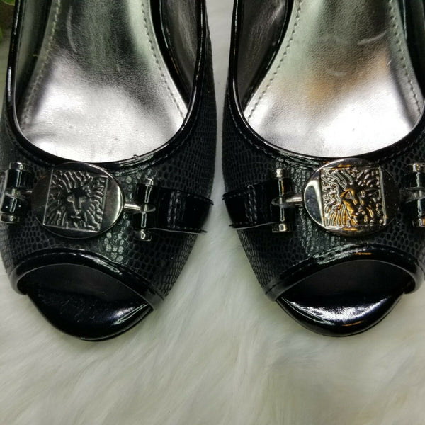 Anne Klein Black with Silver Emblem High Heels Strap Open Toe Size 8M