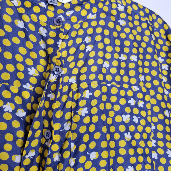 CAbi Silk Gray Yellow Clover Dots Sideways Breast Pockets Size XS