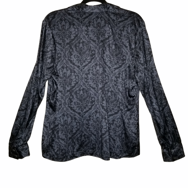 Ann Taylor Dark Gray Button Up Collared Damask Long Sleeve Silk Blouse Size 14