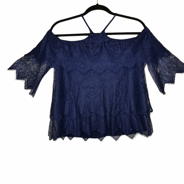 WHBM Blue Lace Layered Cold Shoulder Short Sleeve Sizes XXS, XS