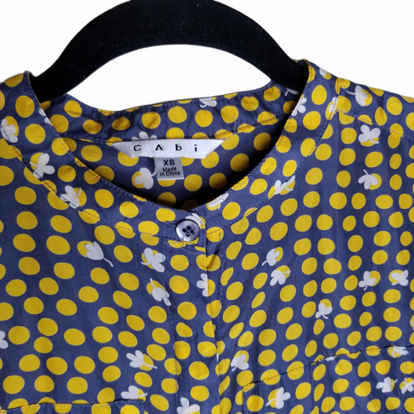 CAbi Silk Gray Yellow Clover Dots Sideways Breast Pockets Size XS