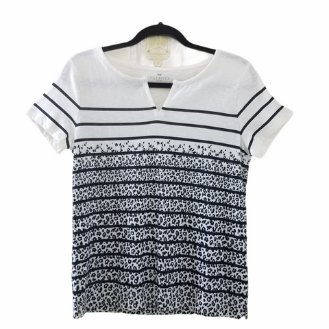 Talbots Petites Black White Stripe Leopard Print Short Sleeve Size Small Petite