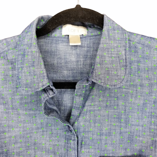 LOFT Petites Blue w/ Green Polka Dots Short Sleeve Collar Button Up Left Breast Pocket Size Small