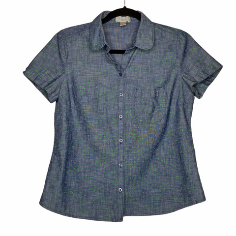 LOFT Petites Blue w/ Green Polka Dots Short Sleeve Collar Button Up Left Breast Pocket Size Small