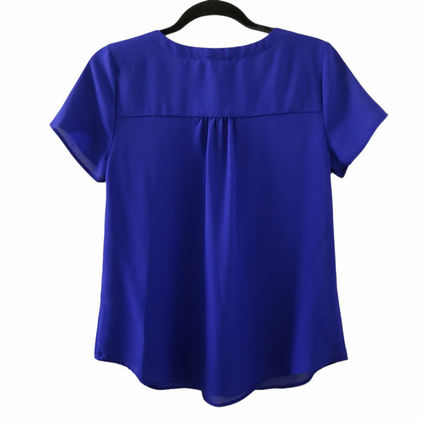 Miss Daisy Blue Blouse Mid Zip Up Short Sleeve V-Neck Breast Pockets Size Medium