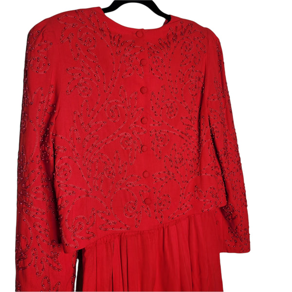 Talbots Vintage Red Embroidered Beaded Long Sleeve Midi Dress Size 14