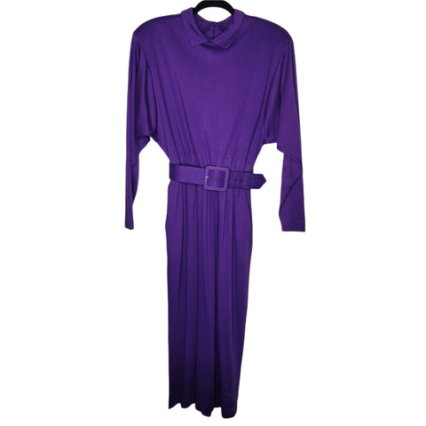 Rosemary Brantley Purple Long Sleeve Purple Dress Collar Pockets Shoulder Pads Back Split Zip Up Back with Belt Size Large