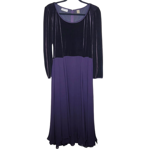 Dana Buchman Purple Velvet Silk Dress 3/4 Sleeve Zip Up Back w/ Fasten Size 14