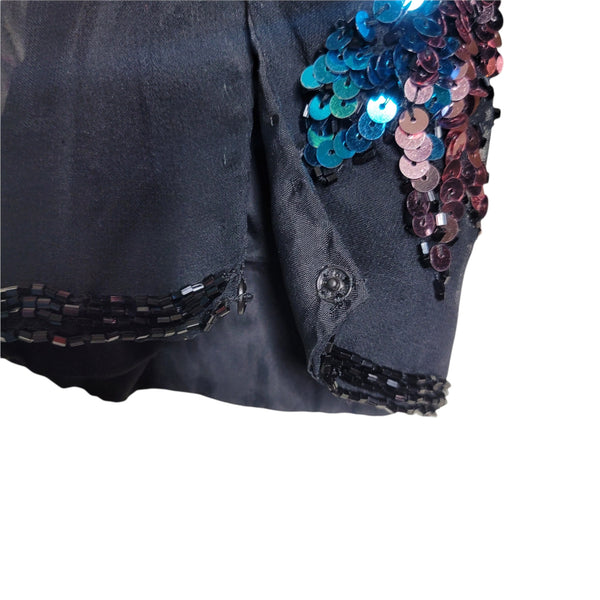 A.J. Bari Vintage Black Long Sleeve Sequin Flowers Birds Silk Dress Size 14