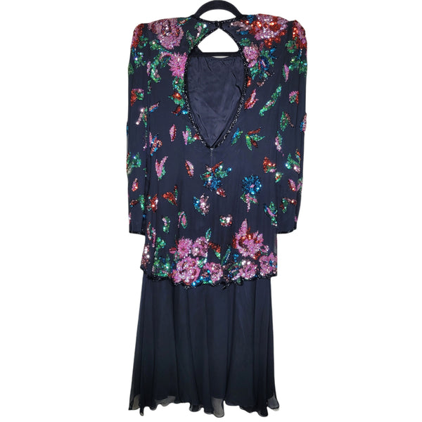 A.J. Bari Vintage Black Long Sleeve Sequin Flowers Birds Silk Dress Size 14