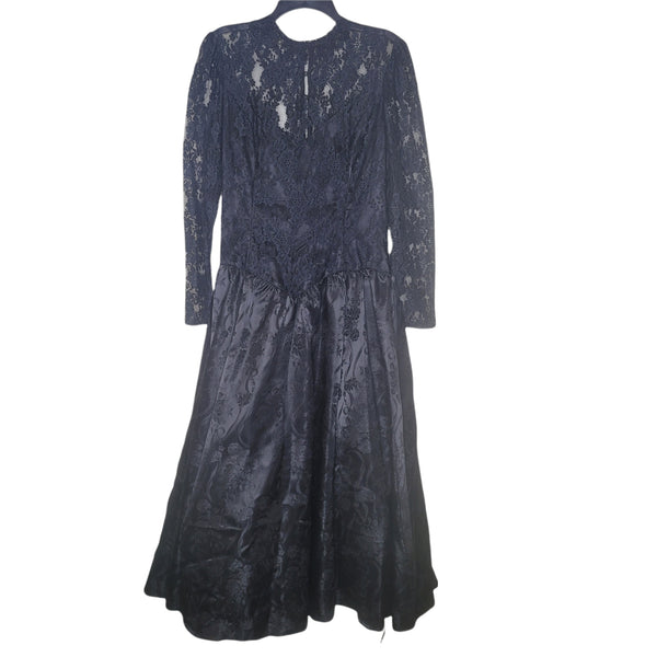 Scott McClintock Vintage Black Lace Floral Design Long Sleeve Dress with Bow Size 14