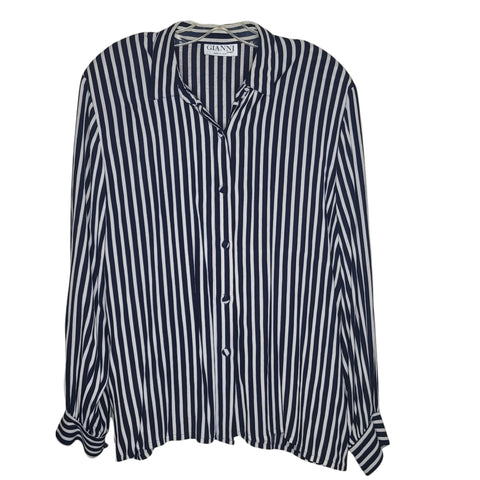 Gianni Sport Blue White Vertical Stripes Blouse Button Up Collar Long Sleeve 14