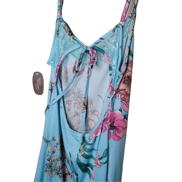 Secret Treasures Sleepwear Blue Floral Butterflies Night Gown Open Back Size Med
