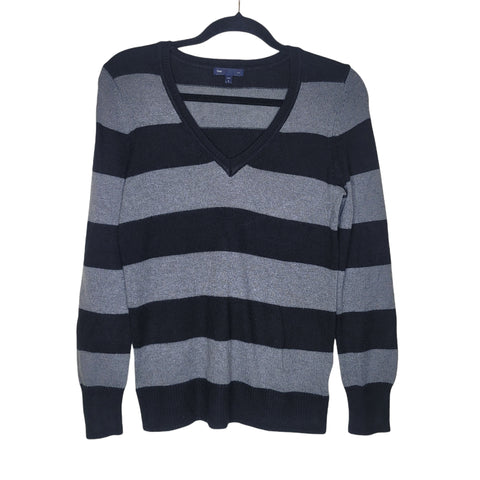 GAP Luxe Black Gray Stripes V-Neck Long Sleeve Sweater Size Small