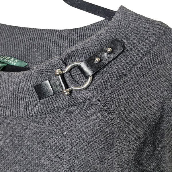 Lauren Ralph Lauren Charcoal Gray Long Sleeve Sweater Faux Leather Buckle Size L