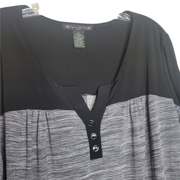 Suzie in the City Black Gray 3/4 Sleeve Faux Buttons Blouse Size 1X