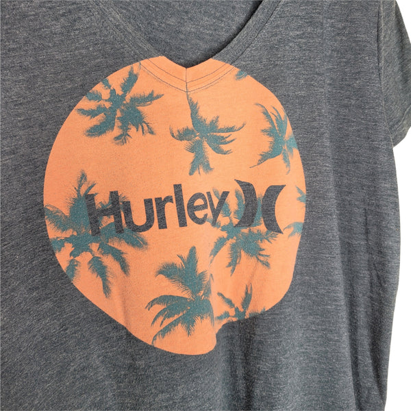 Hurley Gray Short Sleeve V-Neck T-Shirt Palm Trees Size XL