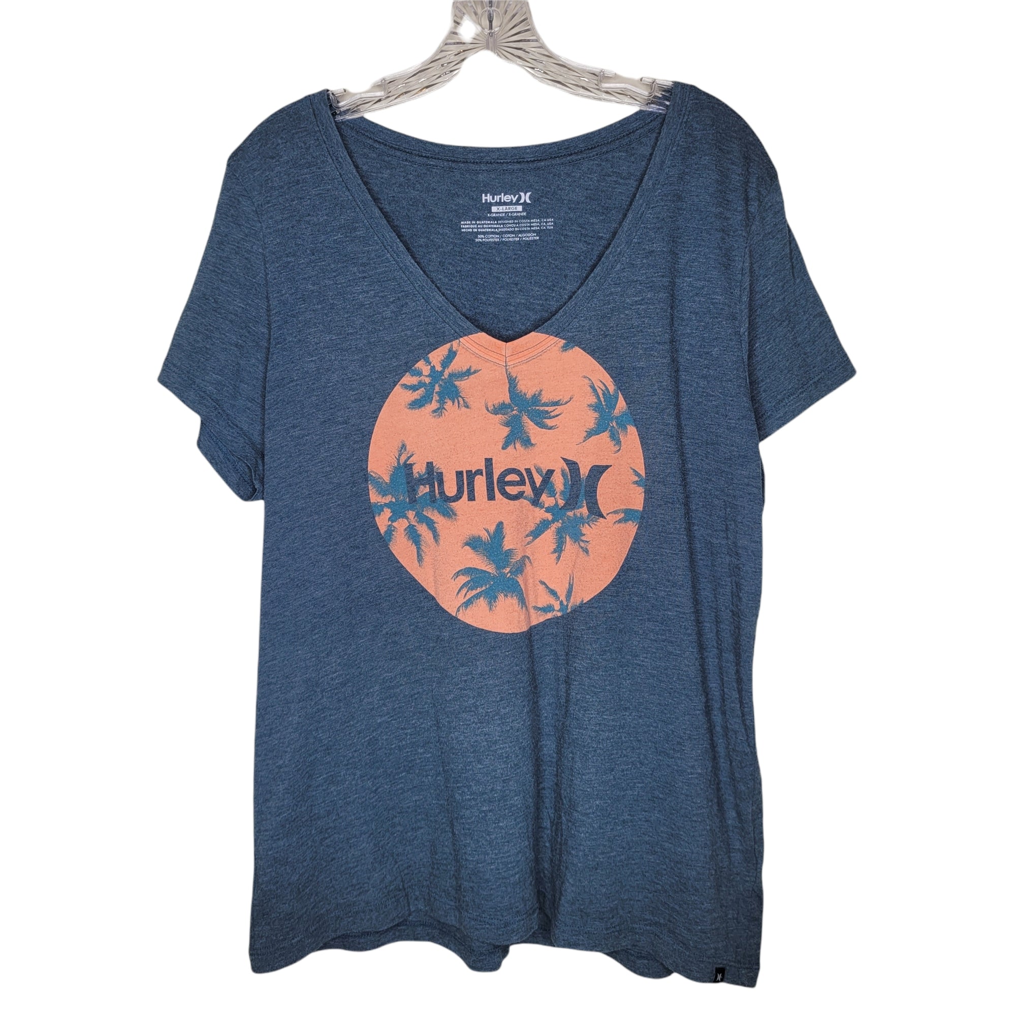 Hurley Gray Short Sleeve V-Neck T-Shirt Palm Trees Size XL