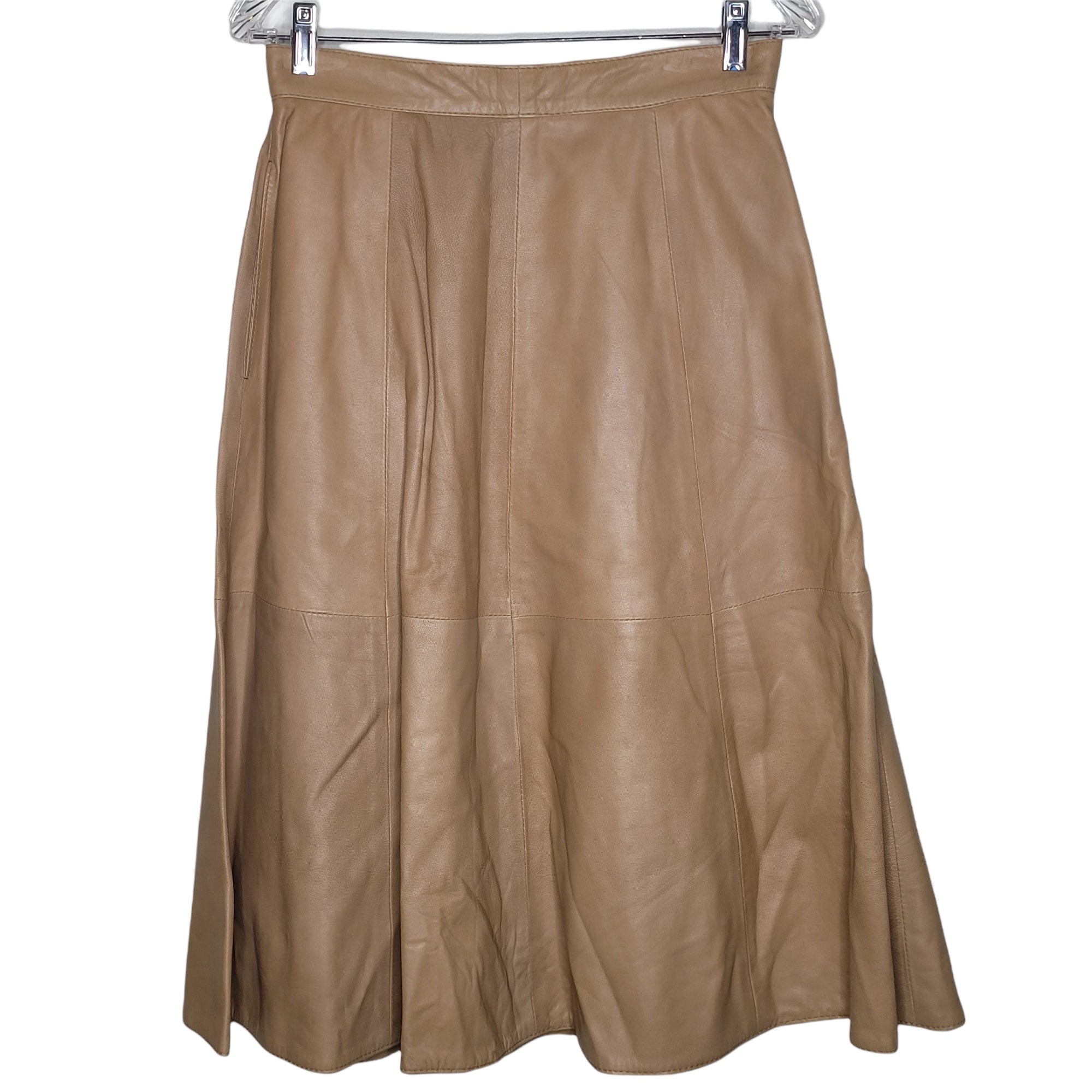 Vera Pelle Vintage Brown Tan Leather Skirt Pockets Zip Up Button Back Size 46 EU