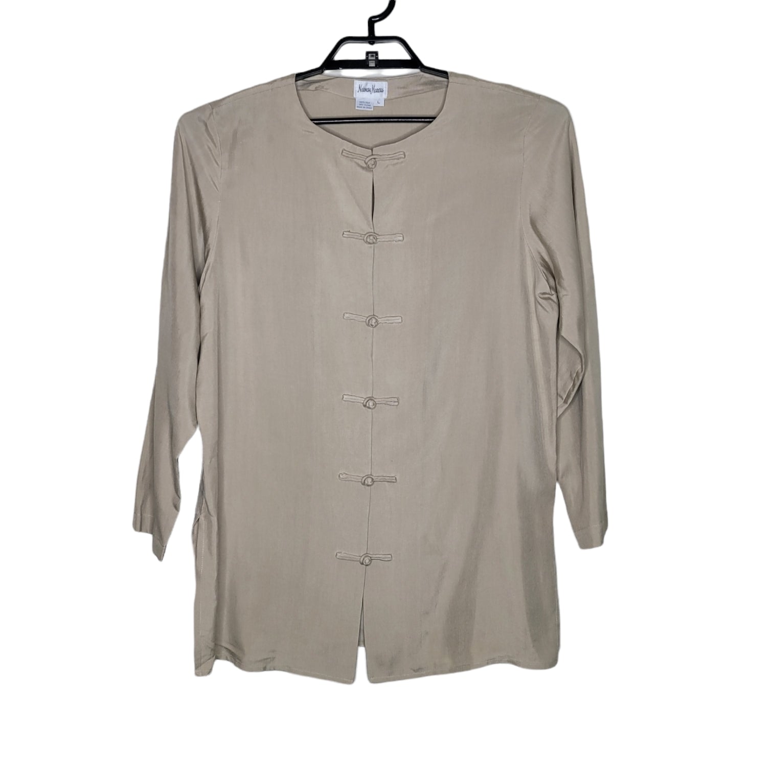 Neiman Marcus Women's Tan 3/4 Sleeve Silk Blouse Mandarin Collar Jacket Large