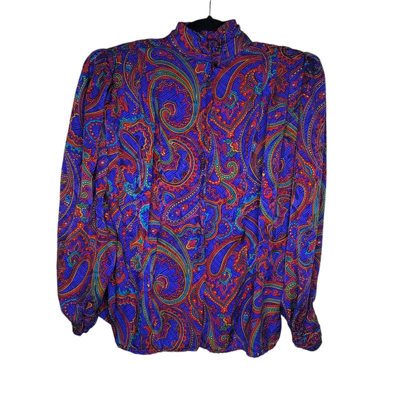 Adriana Papell Vintage Silk Multicolored Paisley Button Up Back Turtle Neck Long Sleeve Size 12