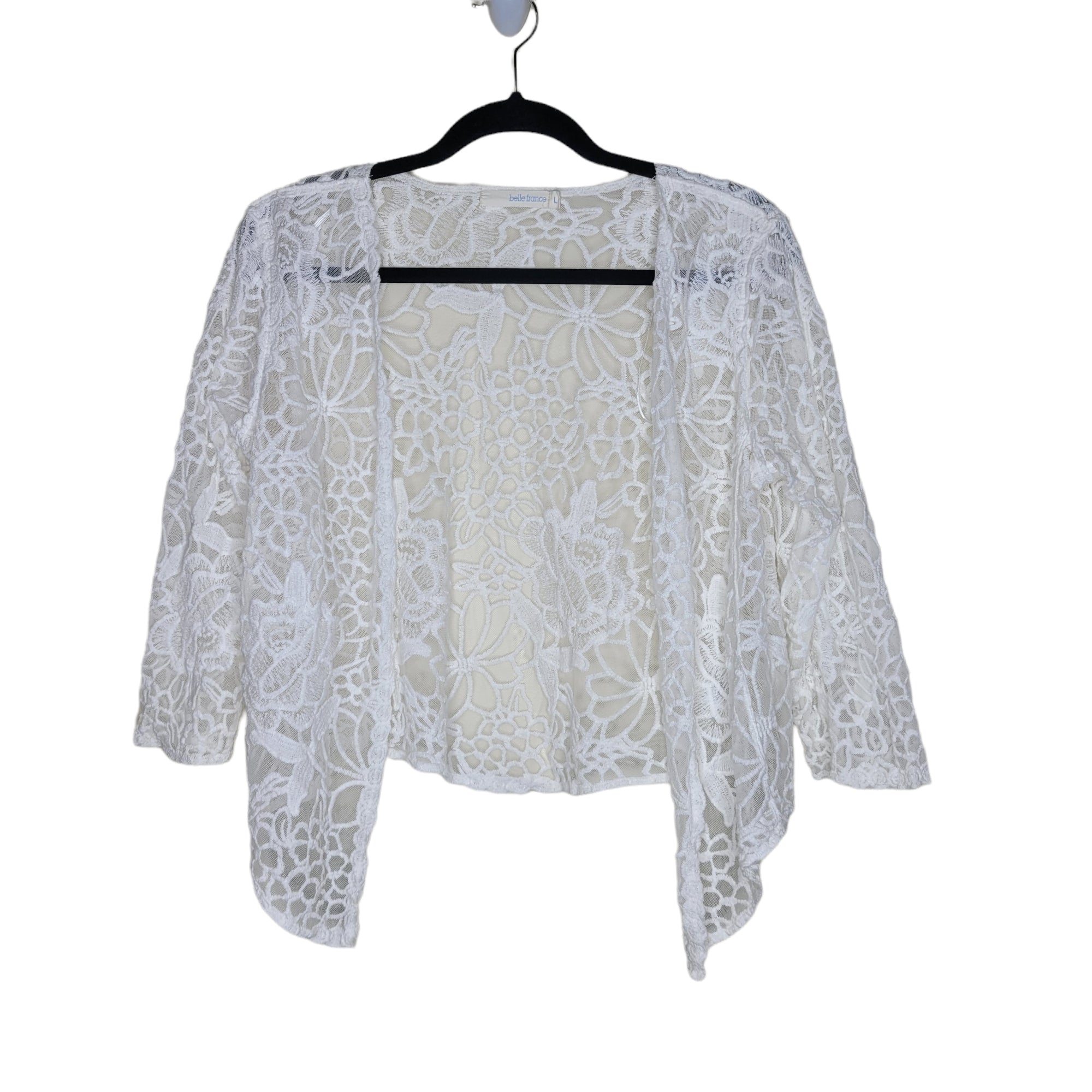 Belle France White Embroidered Lace Short Sleeve Open Cardigan Size Large