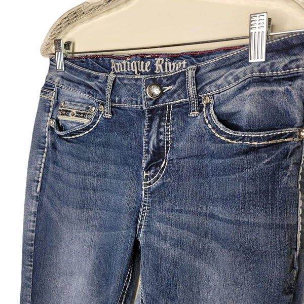 Antique Rivet Blue Shinny Jeans Rhinestones Size 28