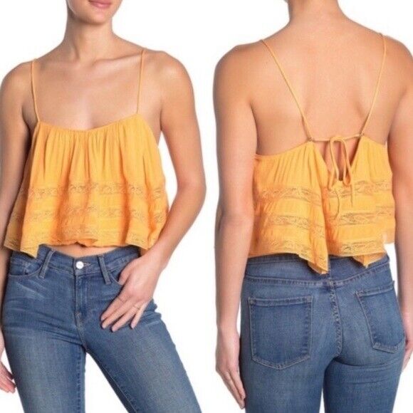 NWT Free People Orange Home Again Crop Lace Cami Spaghetti Straps Size Small
