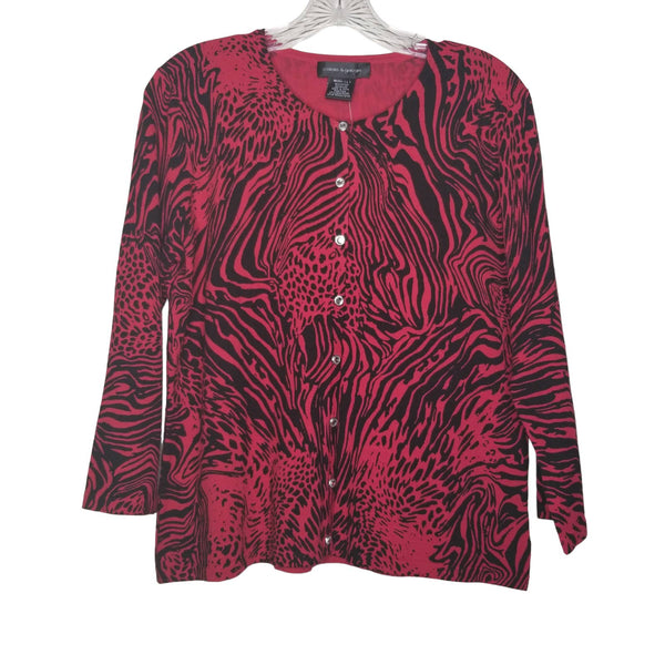 NWT Cable & Gauge Red Black Zebra Print Button Up Cardigan 3/4 Sleeve Missy L