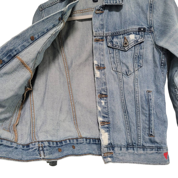 Lucky Brand The Tomboy Trucker Distressed Blue Jean Jacket Pockets Size Small