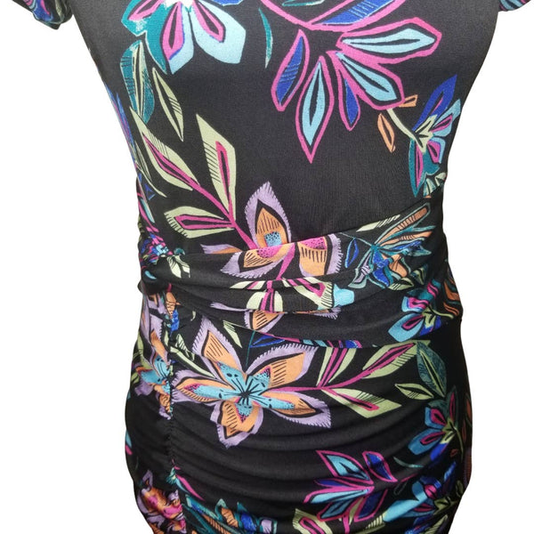 Guess Black Multicolored Tropical Floral Ruching Off The Shoulder Dress Size Med