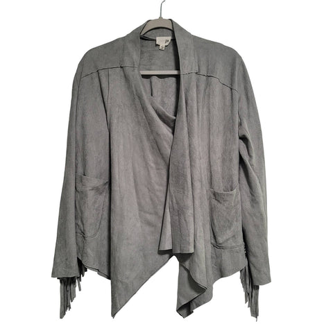 JOH Gray Faux Suede Wrap Open Cardigan Fringe Long Sleeve Pockets Size Small