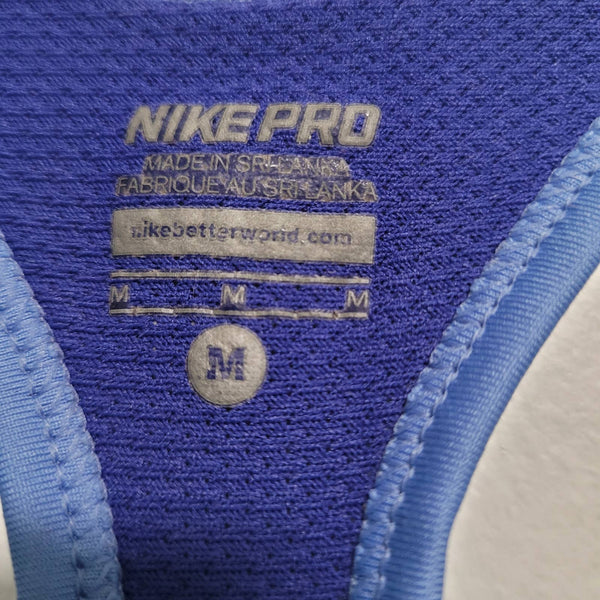 Nike Pro Blue Mesh Back White Swoosh Racerback Sports Bra Size Medium