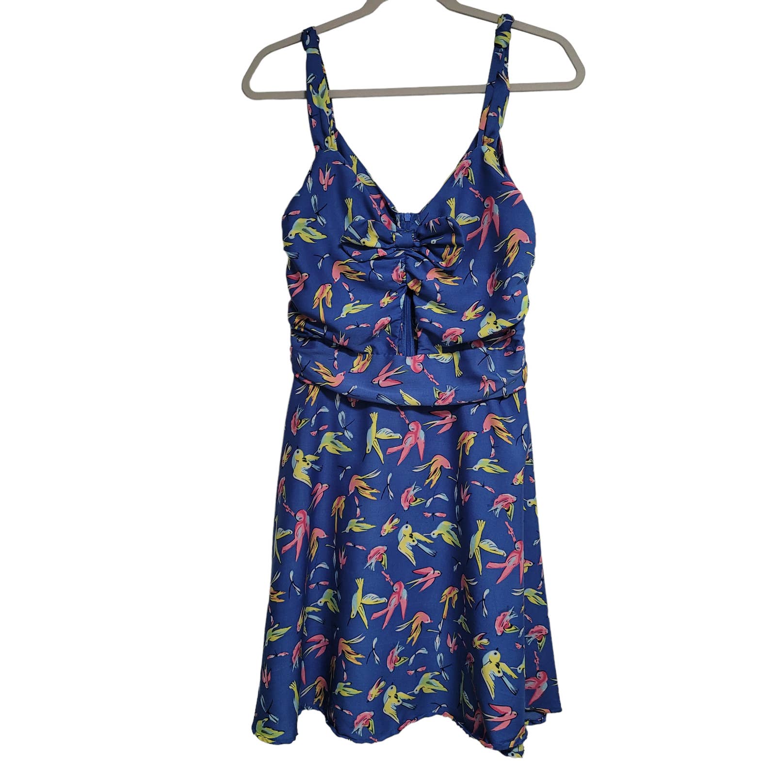 Liquorish Blue Multicolored Birds Dragonflies Sleeveless Key Hole Dress Size S/M