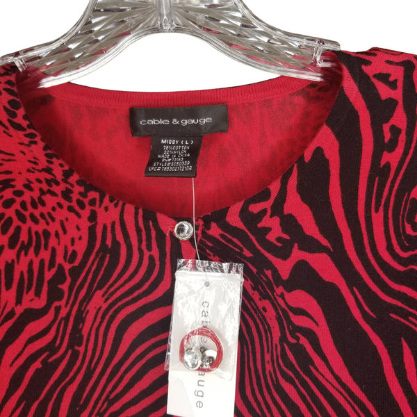 NWT Cable & Gauge Red Black Zebra Print Button Up Cardigan 3/4 Sleeve Missy L