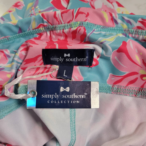 NWT Simply Southern Tropic Yoga Pant Teal Blue Floral Pockets Size Large
