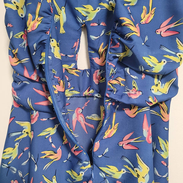 Liquorish Blue Multicolored Birds Dragonflies Sleeveless Key Hole Dress Size S/M