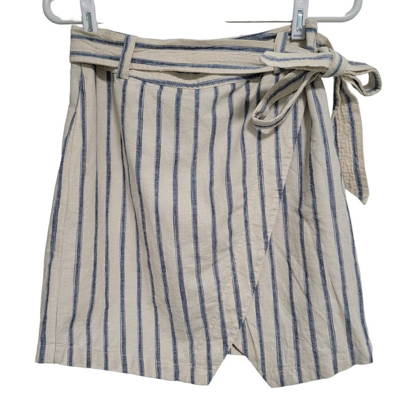 Madewell Portside Ikat Cream Blue Stripes Faux Wrap Skirt Zip Up Pockets Size 2