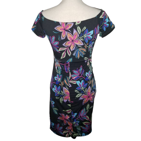 Guess Black Multicolored Tropical Floral Ruching Off The Shoulder Dress Size Med