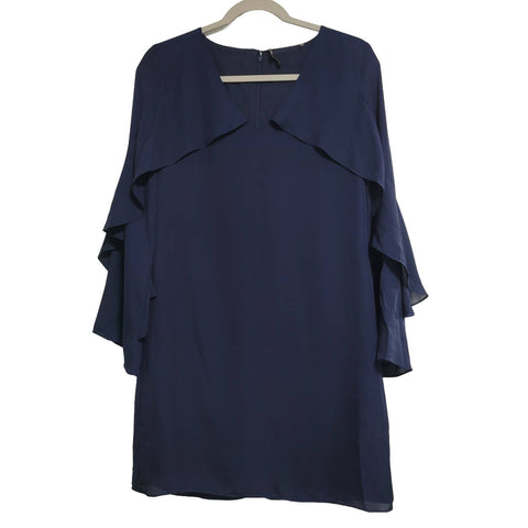 Kobi Halperin Navy Blue Bethenny Ruffle Long Sleeve Shift Mini Dress Silk XS