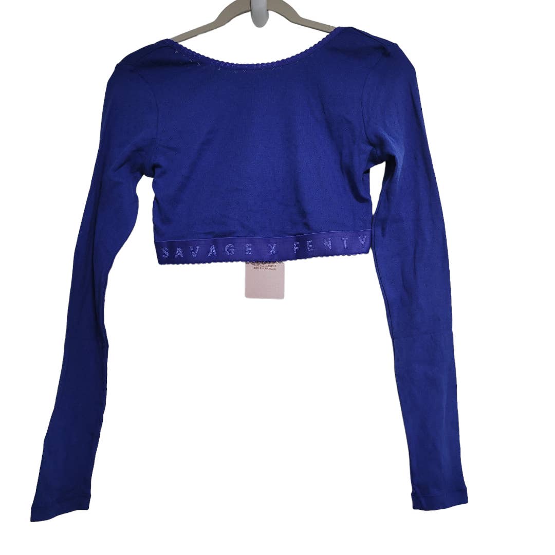 NWT Savage X Fenty Blue Long Sleeve Crop Top Plunged Back Size Medium