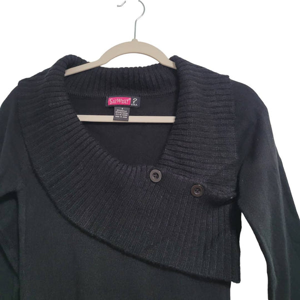 Say What? Black Sweater Mini Dress Button Accents Size Small