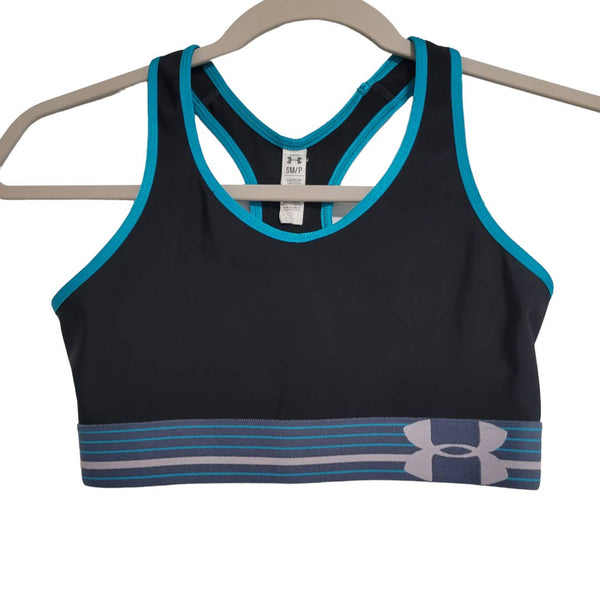 Under Armour Compression Heat Gear Black Blue Gray Trimmed Sports Bra Size Small